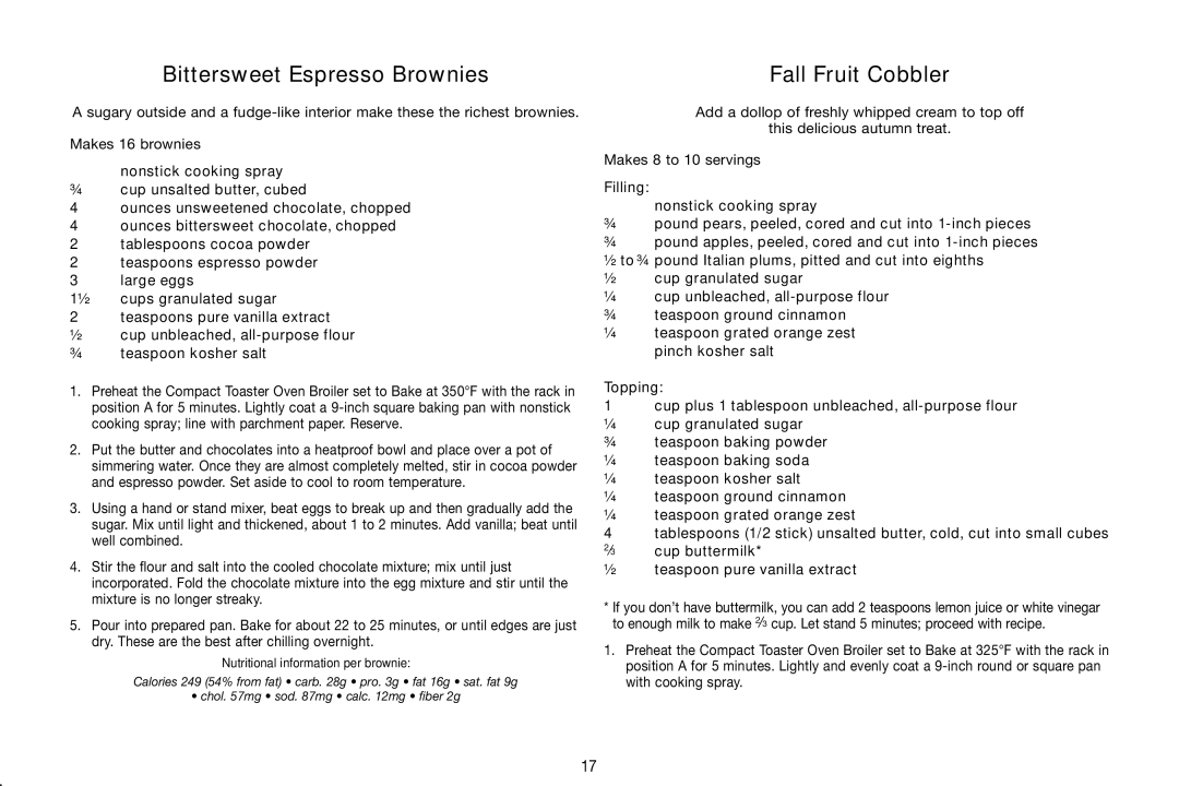 Cuisinart TOB-80 manual Bittersweet Espresso Brownies, Fall Fruit Cobbler, Nutritional information per brownie 