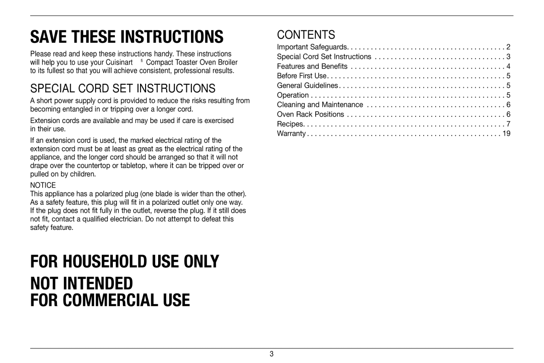 Cuisinart TOB-80 manual Special Cord SET Instructions, Contents 