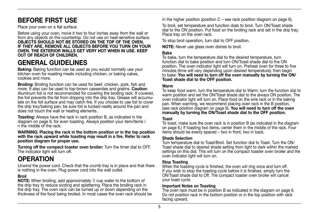 Cuisinart TOB-80 manual Before first use, General Guidelines, Operation 