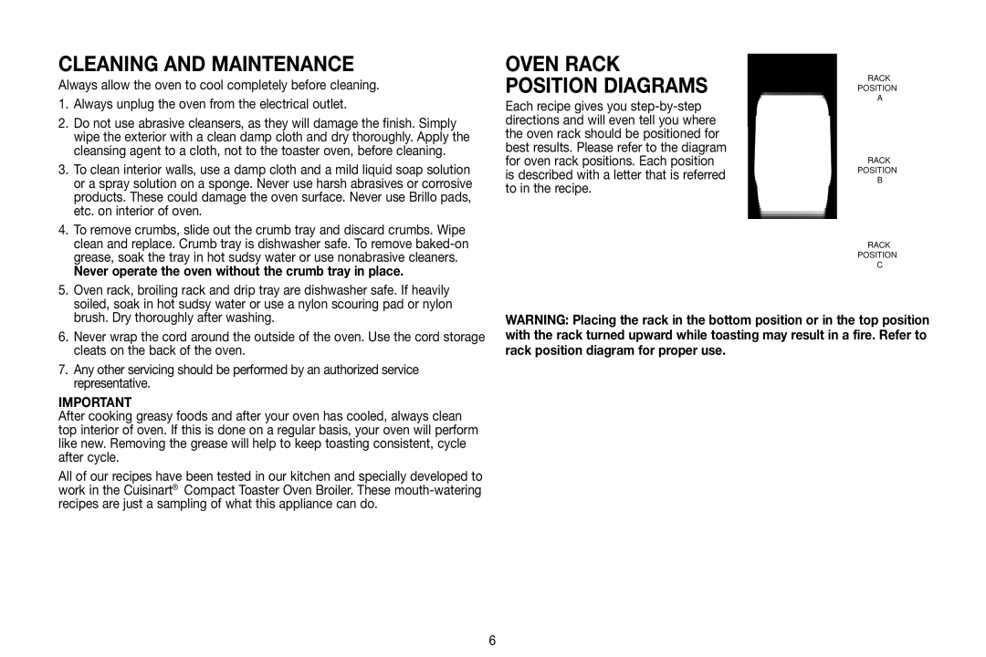 Cuisinart TOB-80 manual Cleaning and Maintenance, Oven rack position diagrams 