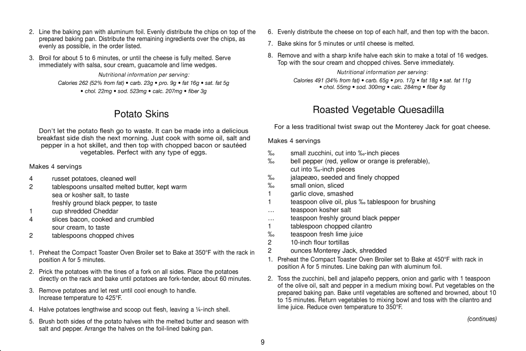 Cuisinart TOB-80 manual Potato Skins, Roasted Vegetable Quesadilla 