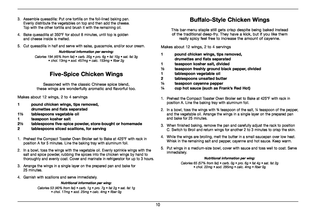 Cuisinart TOB-80 manual Five-SpiceChicken Wings, Buffalo-StyleChicken Wings 
