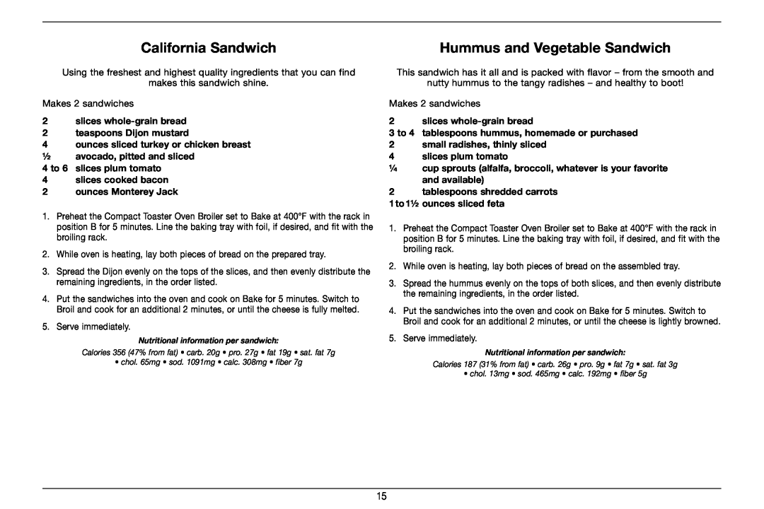 Cuisinart TOB-80 manual California Sandwich, Hummus and Vegetable Sandwich 