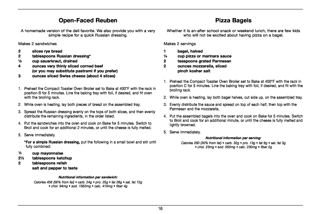 Cuisinart TOB-80 manual Open-FacedReuben, Pizza Bagels 
