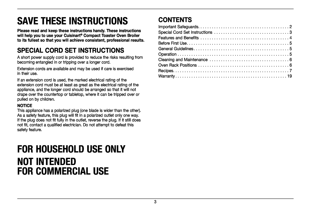 Cuisinart TOB-80 manual Not Intended For Commercial Use, Special Cord Set Instructions, Contents, Save These Instructions 
