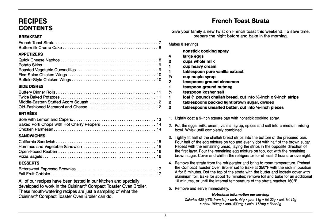 Cuisinart TOB-80 manual recipes, Contents, French Toast Strata 