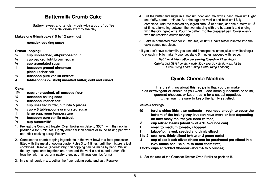 Cuisinart TOB-80 manual Buttermilk Crumb Cake, Quick Cheese Nachos 