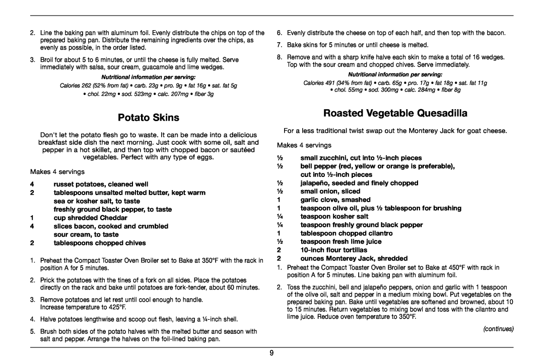 Cuisinart TOB-80 manual Potato Skins, Roasted Vegetable Quesadilla, continues 