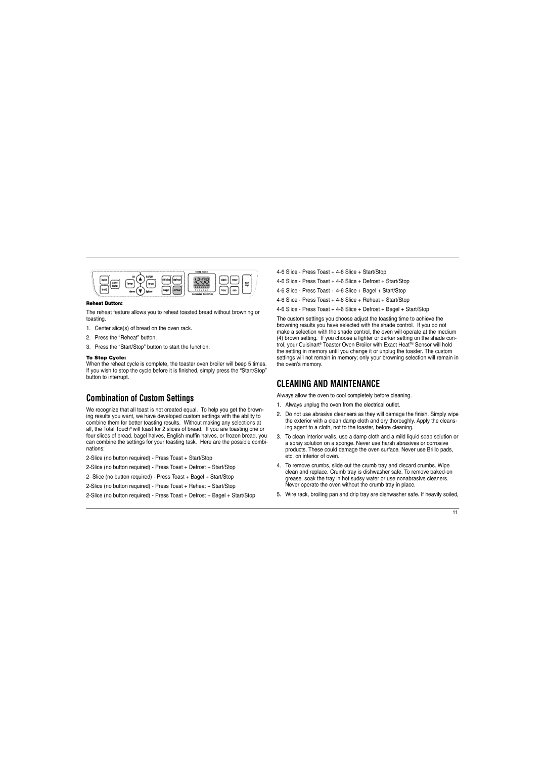 Cuisinart TOB Series manual Combination of Custom Settings, Cleaning and Maintenance 