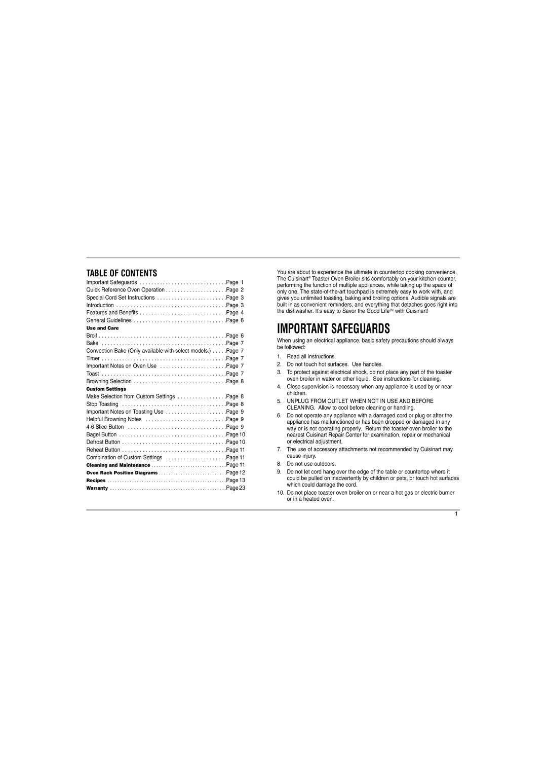 Cuisinart TOB Series manual Important Safeguards, Table of Contents 