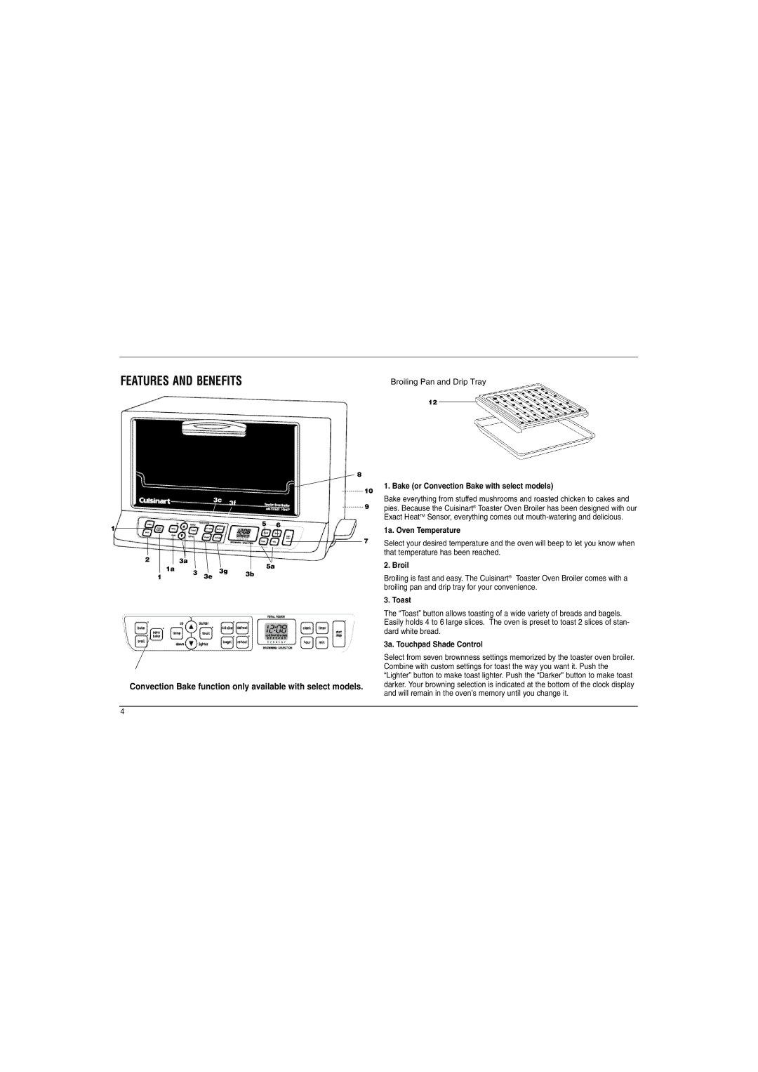 Cuisinart TOB Series manual Features and Benefits, Bake or Convection Bake with select models 