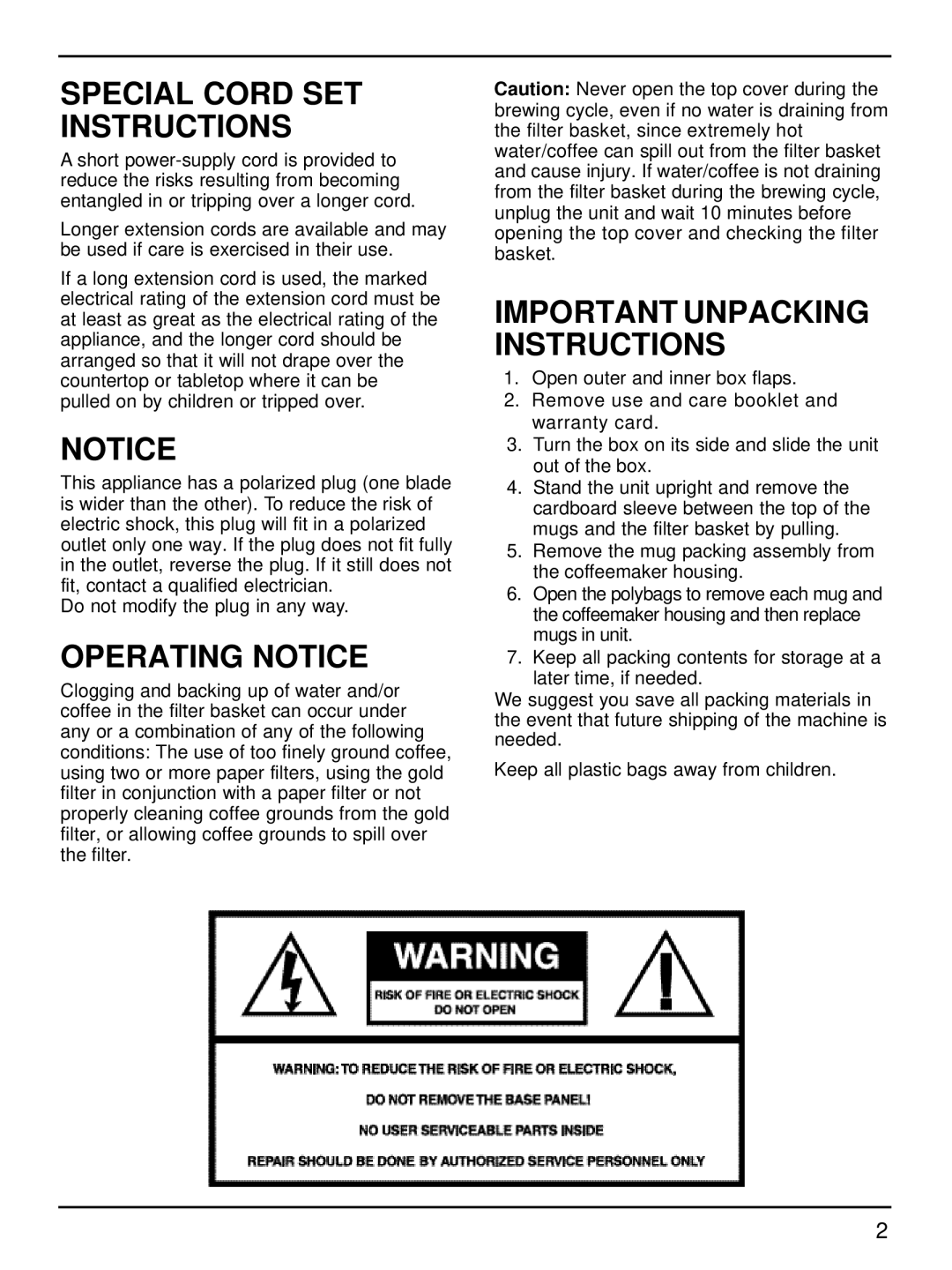 Cuisinart TTG-500 manual Special Cord SET Instructions, Operating Notice 