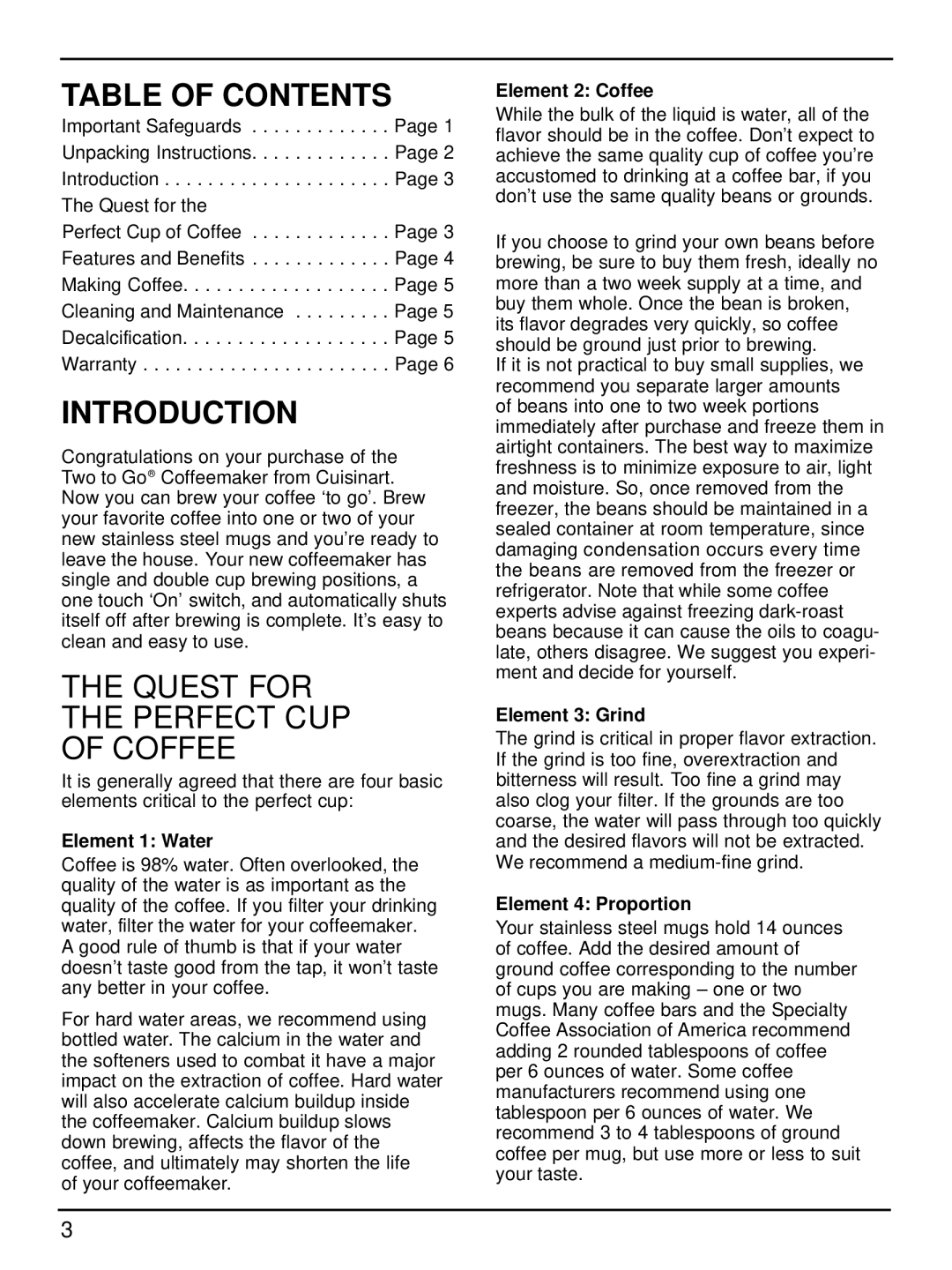 Cuisinart TTG-500 manual Table of Contents, Introduction, Quest for Perfect CUP Coffee 