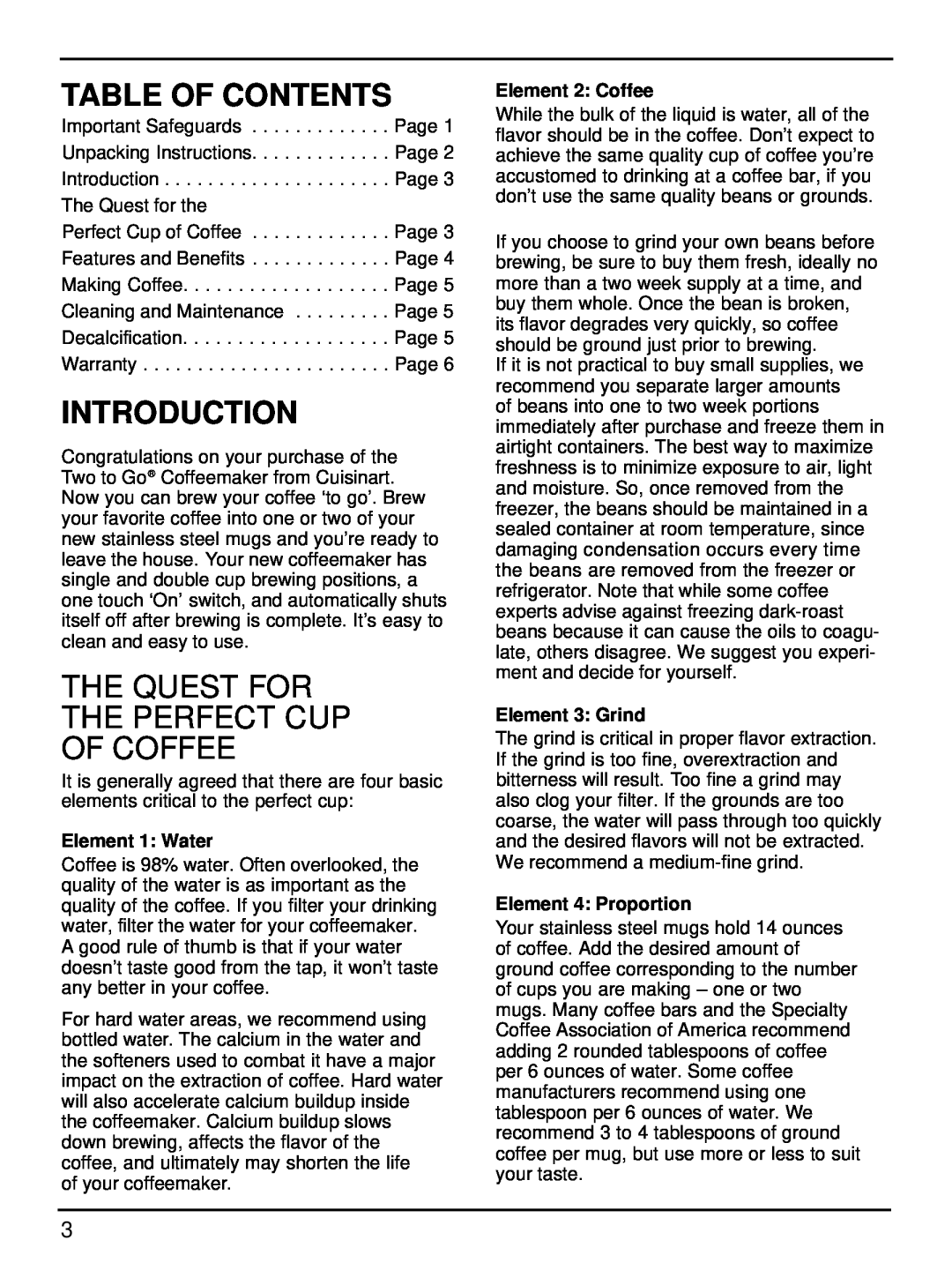 Cuisinart TTG-500 manual Table Of Contents, Introduction, The Quest For The Perfect Cup Of Coffee, Element 1 Water 