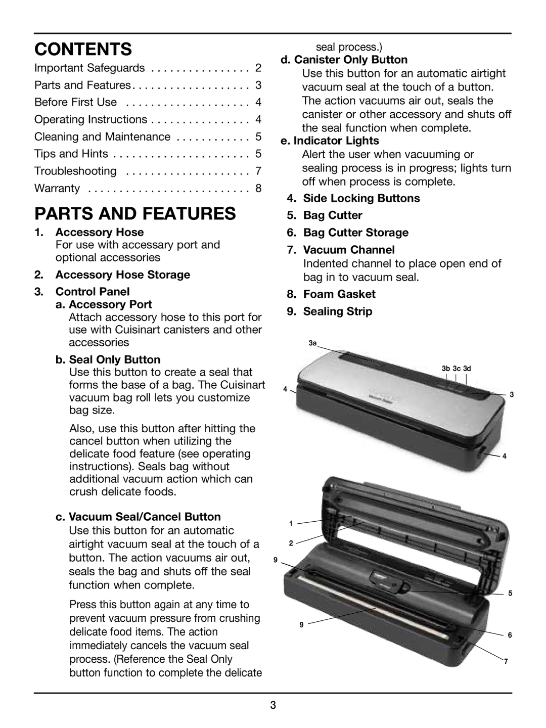 Cuisinart CUISINART VACUUM SEALER, VS-100 manual Contents 