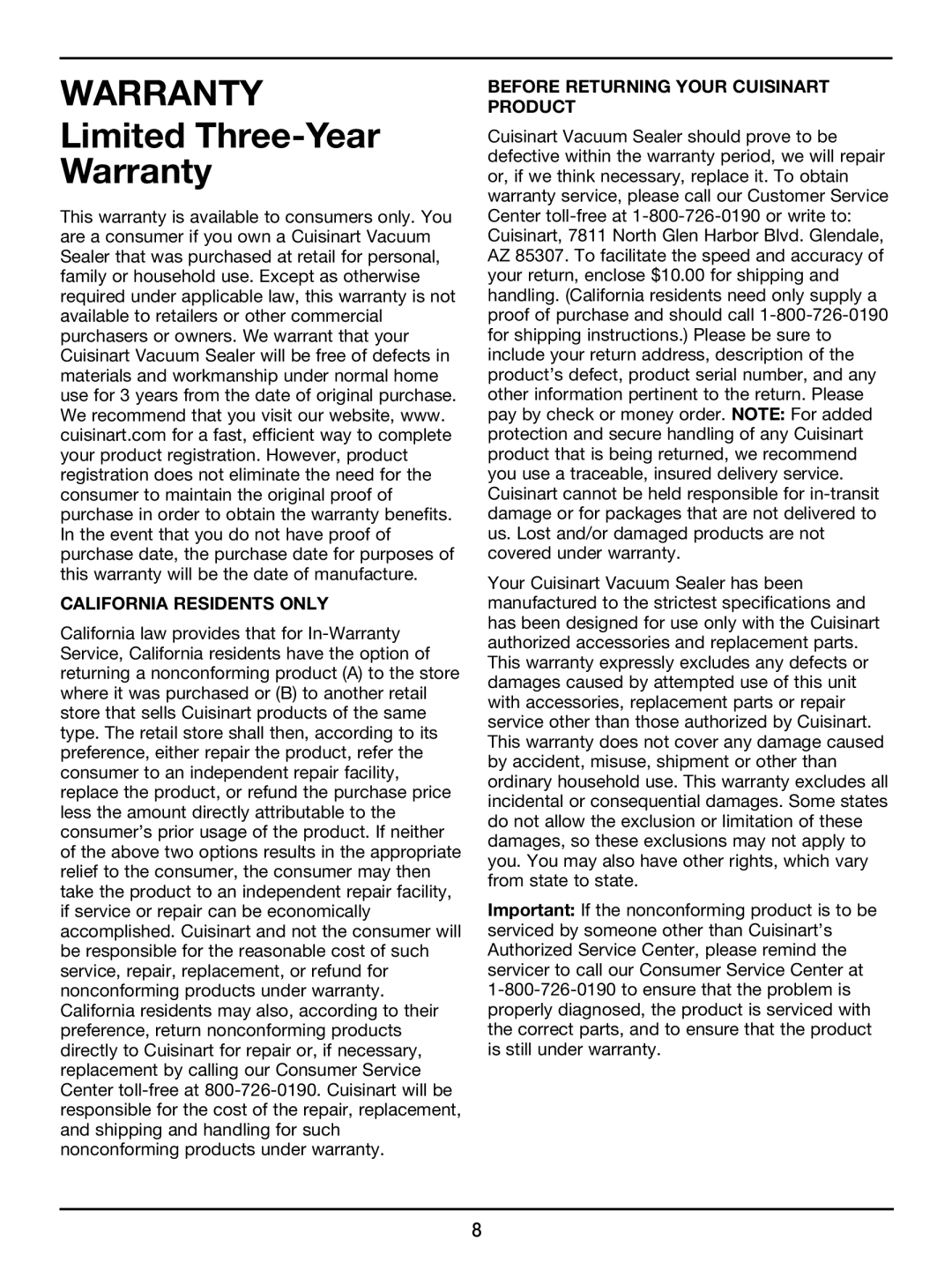 Cuisinart VS-100, CUISINART VACUUM SEALER manual Warranty 