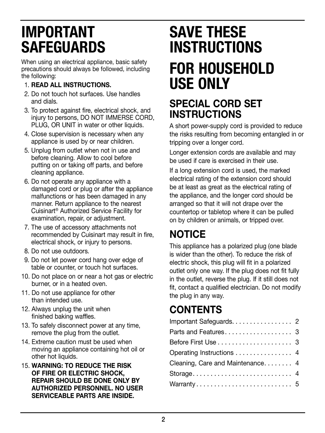 Cuisinart WAF-100 manual Special Cord SET Instructions, Contents 