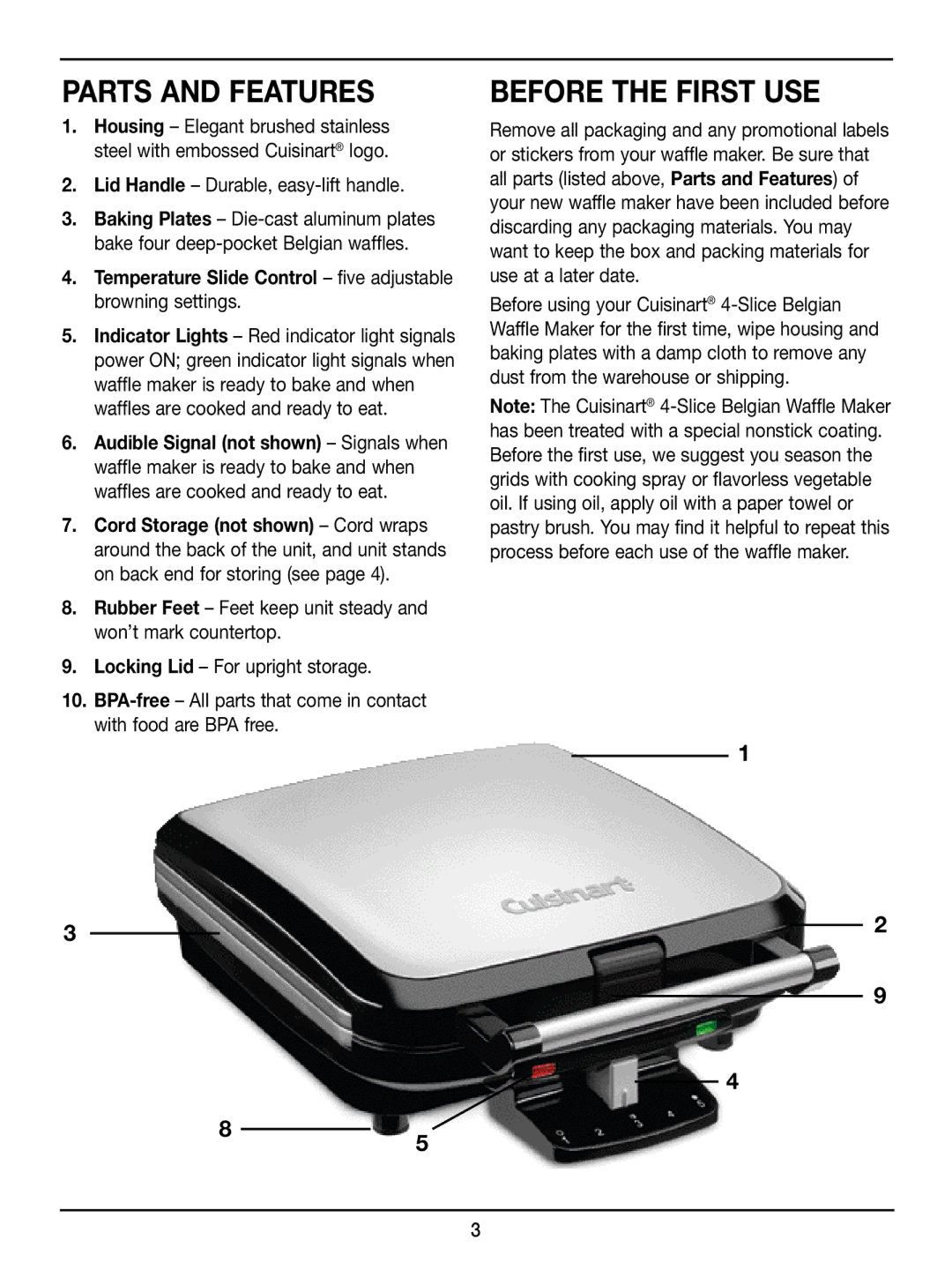 Cuisinart WAF-100 manual Parts and Features, Before the First USE 