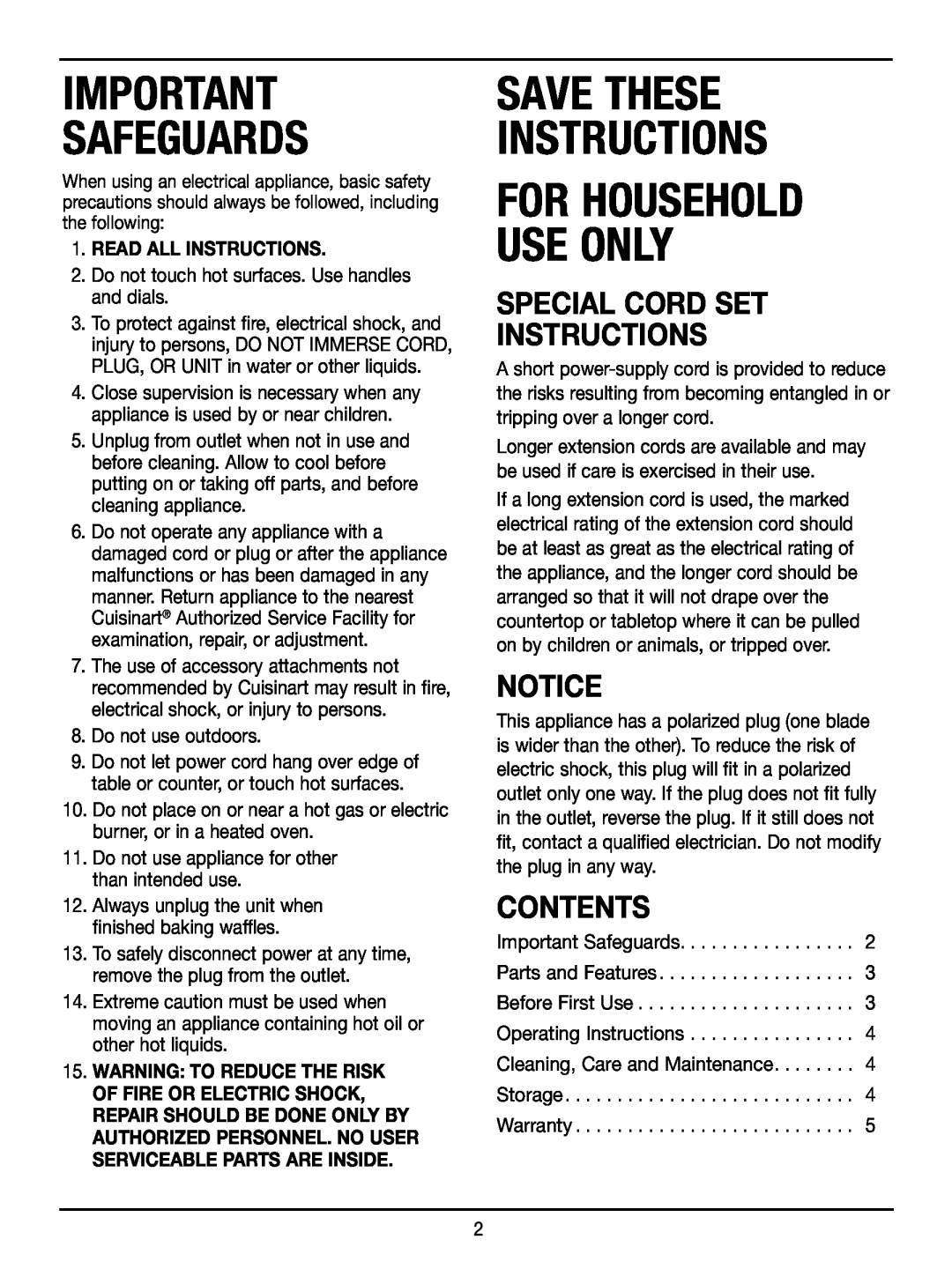 Cuisinart WAF-100 Special Cord Set Instructions, Contents, Read All Instructions, Safeguards, Save These Instructions 