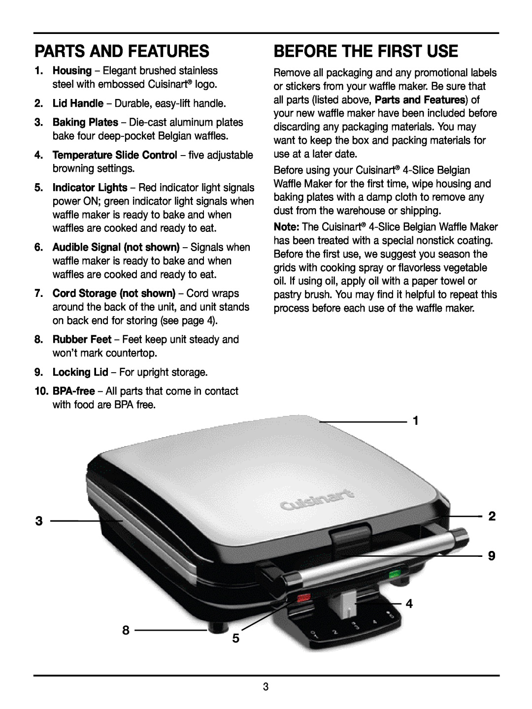 Cuisinart WAF-100 manual Parts And Features, Before The First Use, 1 2 9, Lid Handle - Durable, easy-lifthandle 