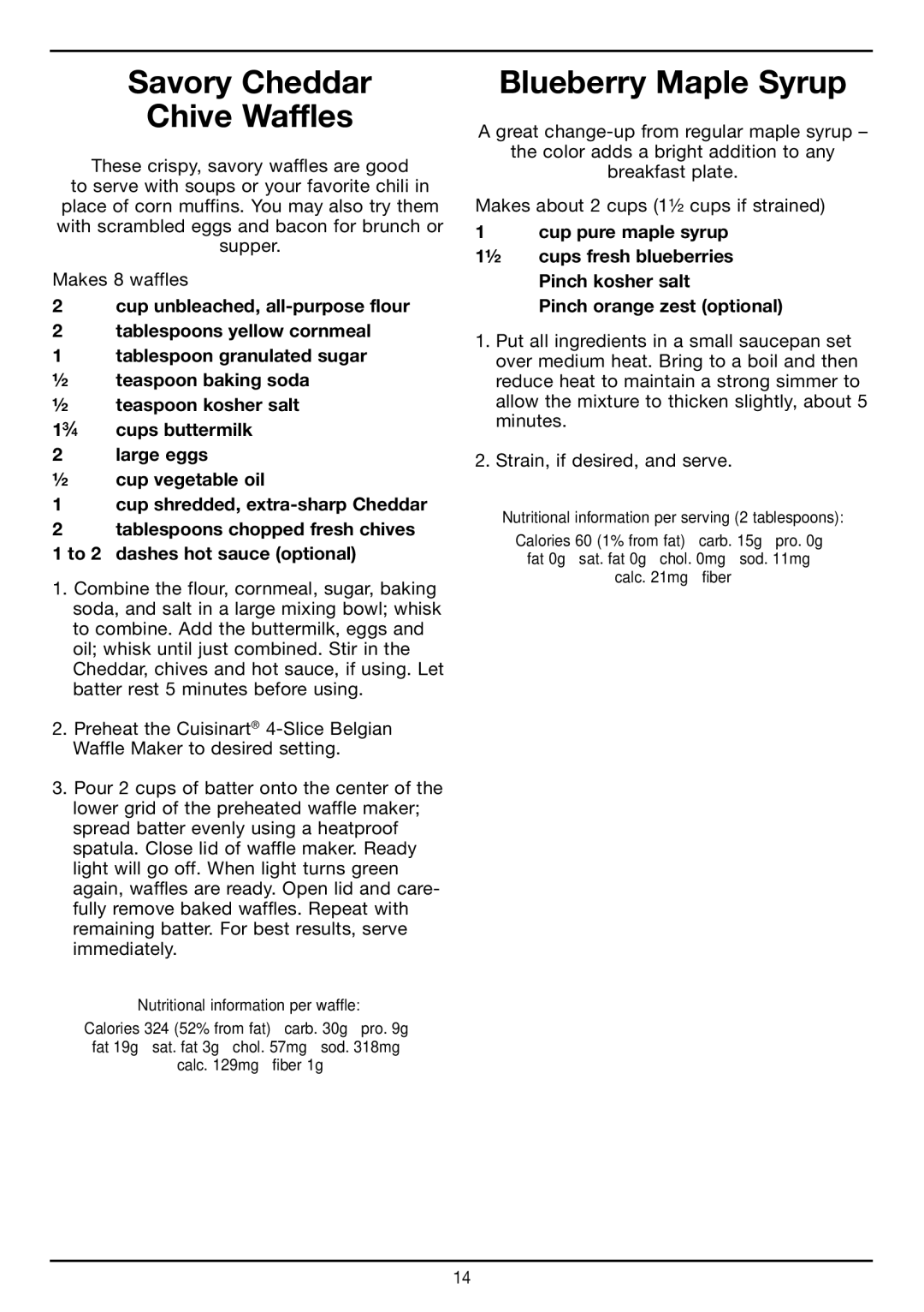 Cuisinart WAF-150 manual Savory Cheddar Chive Waffles, Blueberry Maple Syrup 