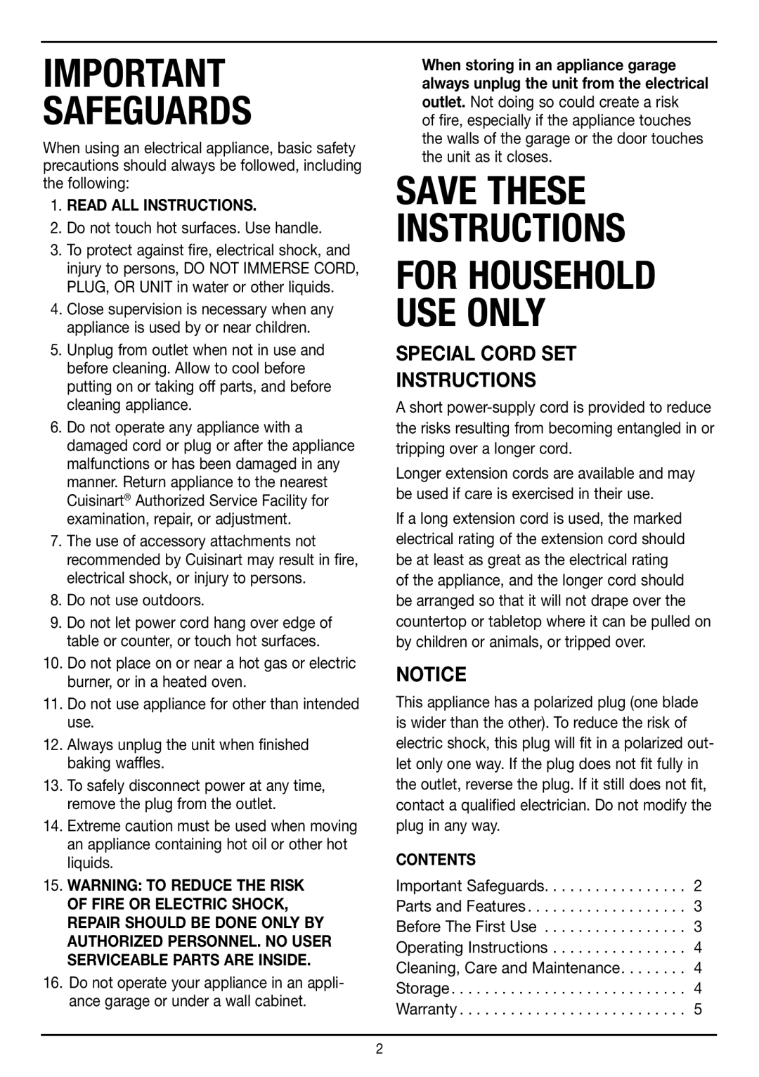 Cuisinart WAF-150 manual Safeguards 