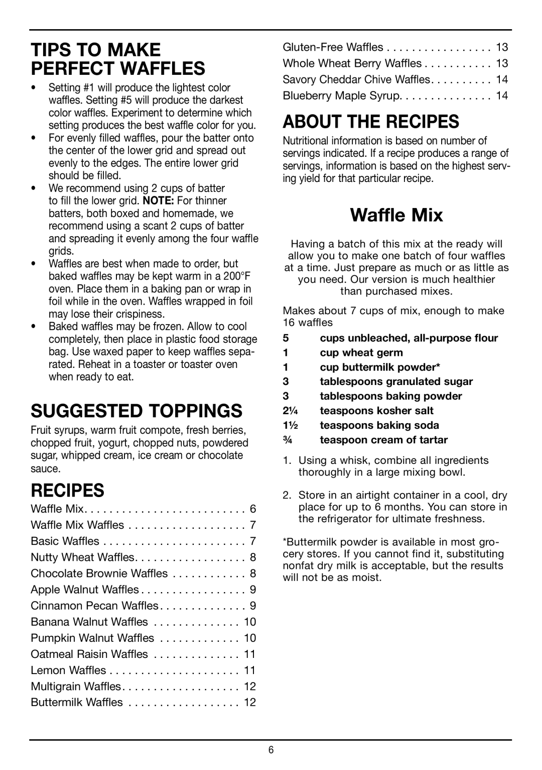 Cuisinart WAF-150 manual Suggested Toppings, About the Recipes, Waffle Mix 