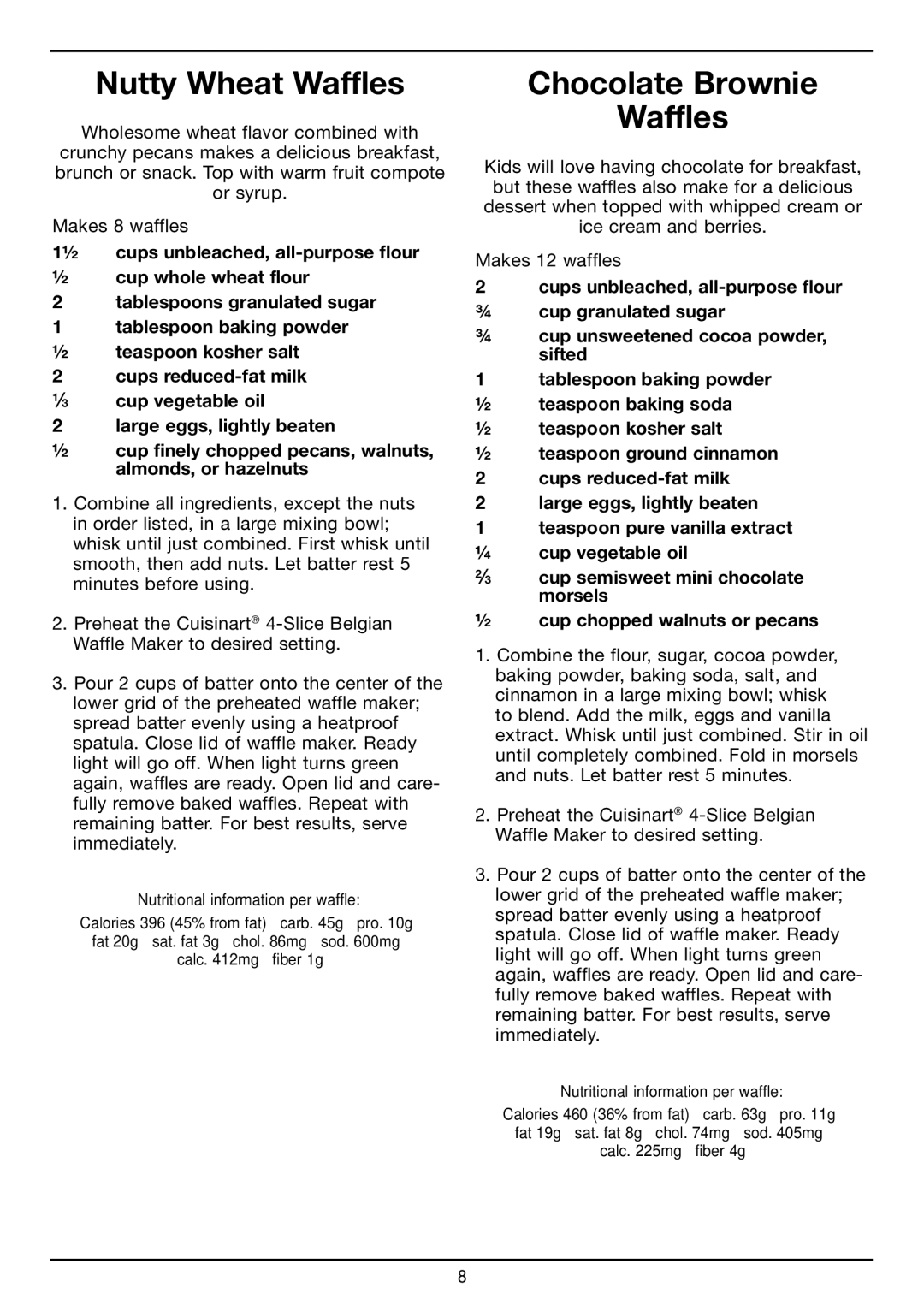 Cuisinart WAF-150 manual Nutty Wheat Waffles, Chocolate Brownie Waffles 