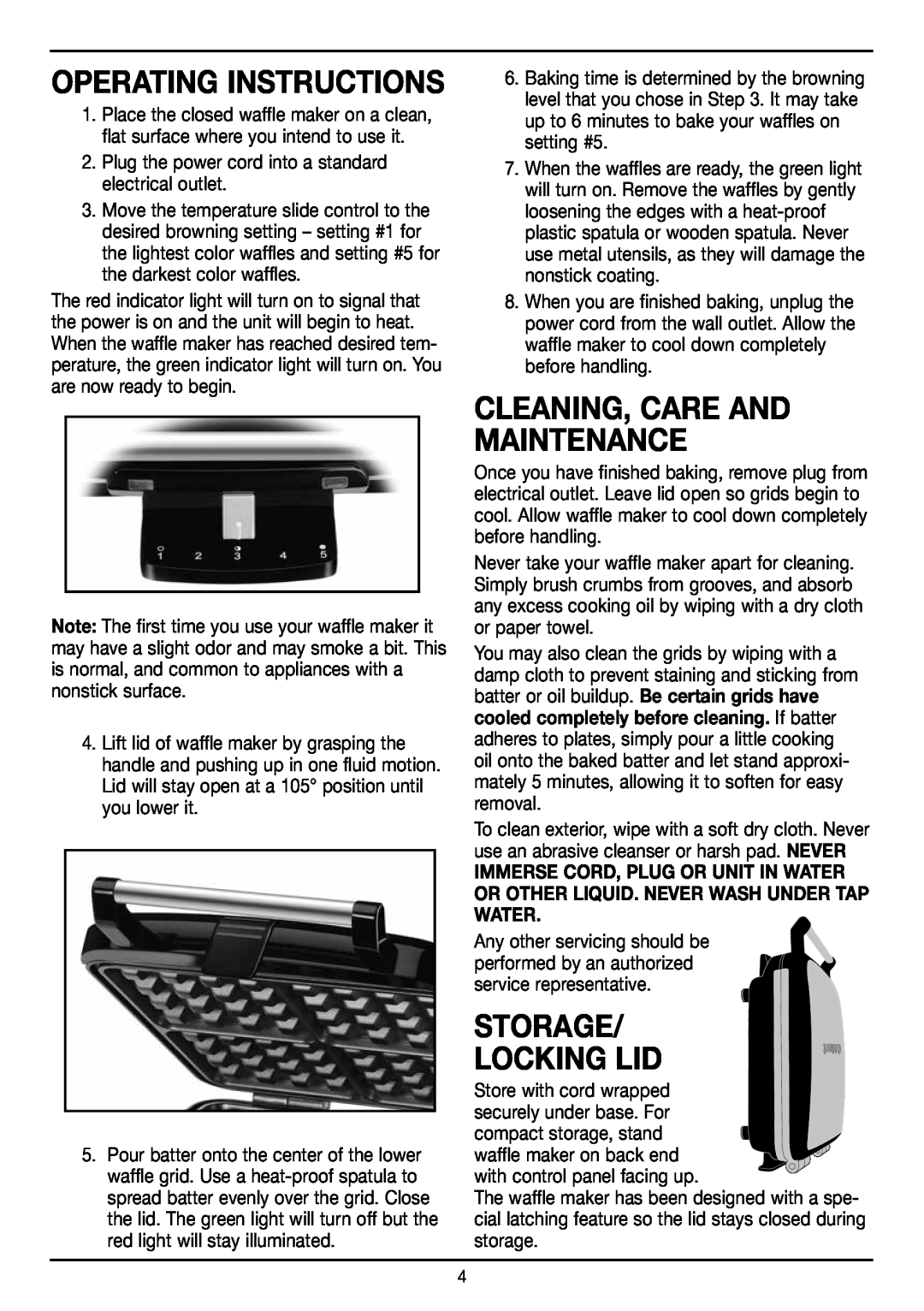 Cuisinart WAF-150 manual Cleaning, Care And Maintenance, Storage Locking Lid, Operating Instructions 