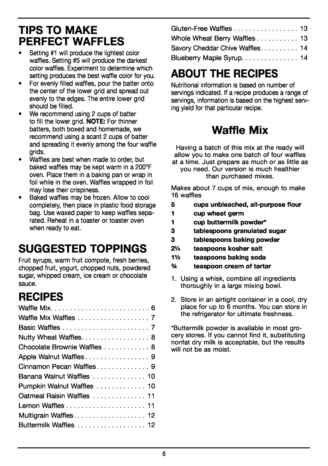Cuisinart WAF-150 manual Suggested Toppings, About The Recipes, Waffle Mix, Tips To Make Perfect Waffles 