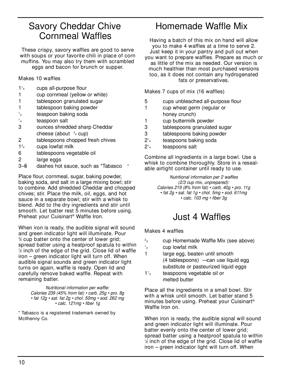 Cuisinart WAF-2B manual Savory Cheddar Chive Cornmeal Waffles, Homemade Waffle Mix, Just 4 Waffles 