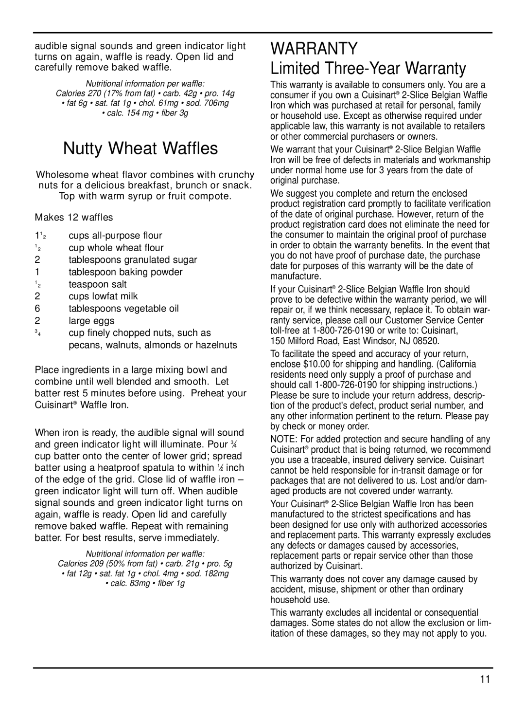 Cuisinart WAF-2B manual Nutty Wheat Waffles, Limited Three-Year Warranty 