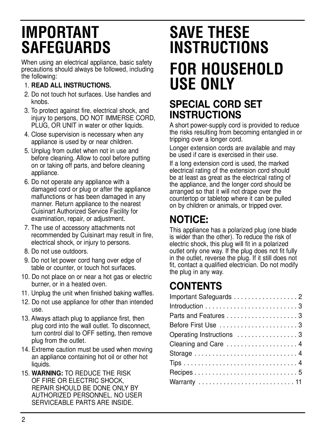 Cuisinart WAF-2B manual Special Cord SET Instructions, Contents 