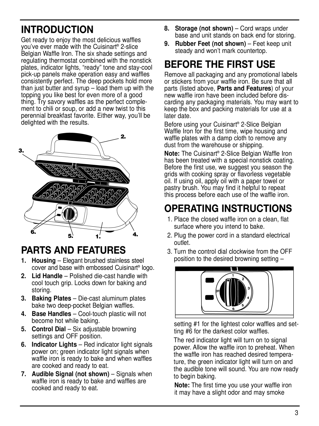 Cuisinart WAF-2B manual Introduction, Parts and Features, Before the First USE, Operating Instructions 