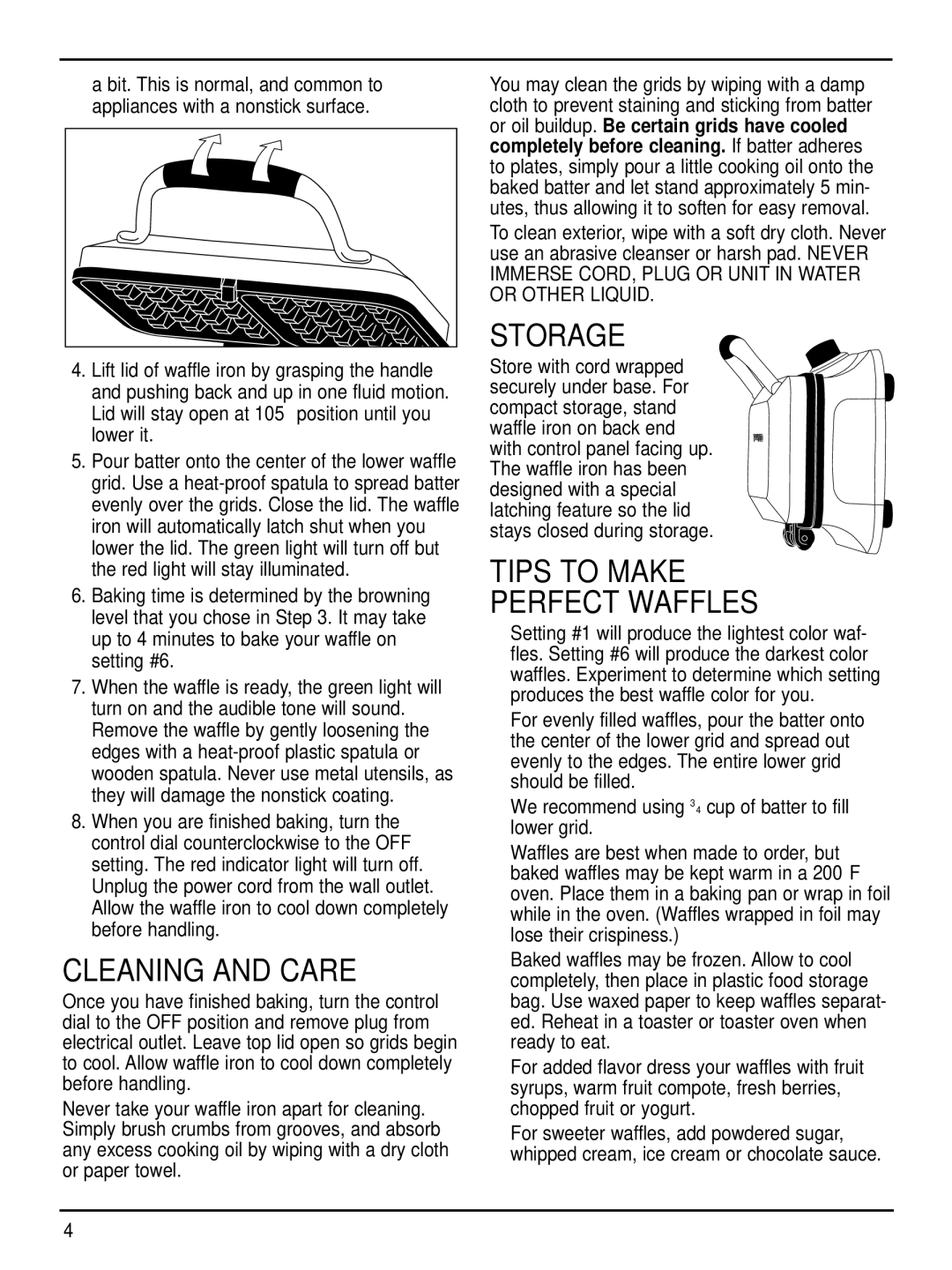 Cuisinart WAF-2B manual Cleaning and Care, Storage, Tips to Make Perfect Waffles 