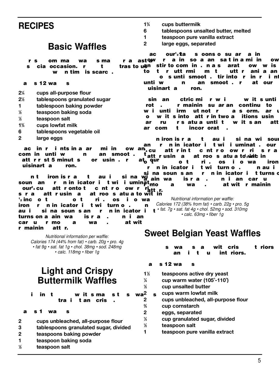 Cuisinart WAF-2B manual Recipes, Basic Waffles, Light and Crispy Buttermilk Waffles, Sweet Belgian Yeast Waffles 