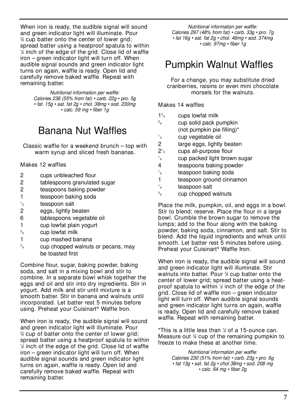 Cuisinart WAF-2B manual Banana Nut Waffles, Pumpkin Walnut Waffles 