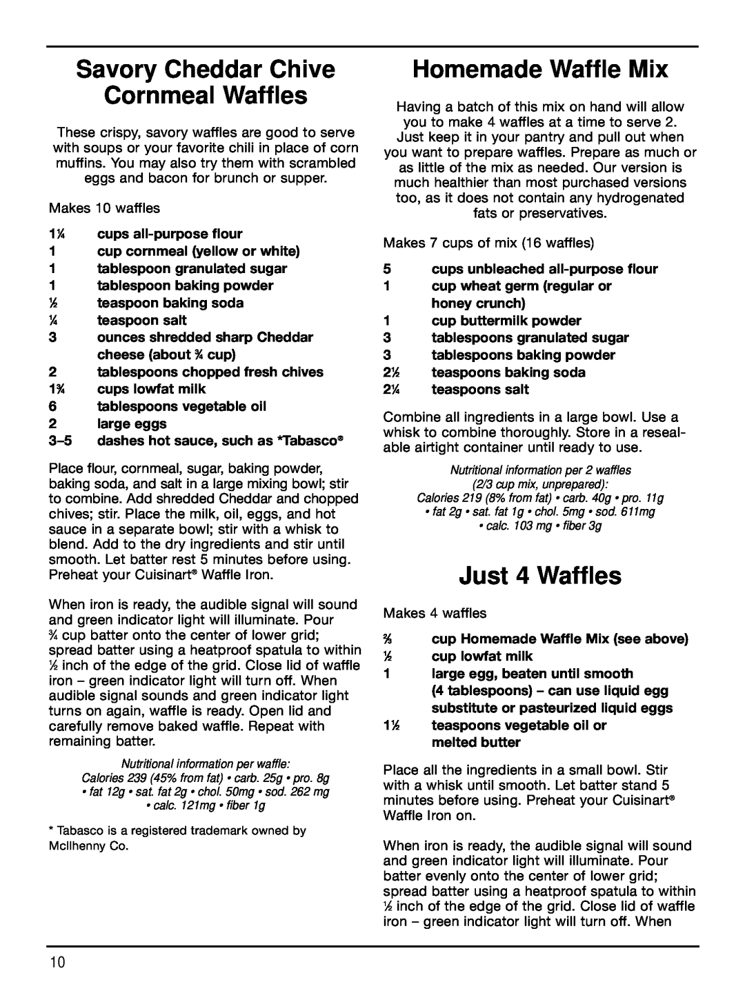 Cuisinart WAF-2B manual Savory Cheddar Chive Cornmeal Waffles, Homemade Waffle Mix, Just 4 Waffles 