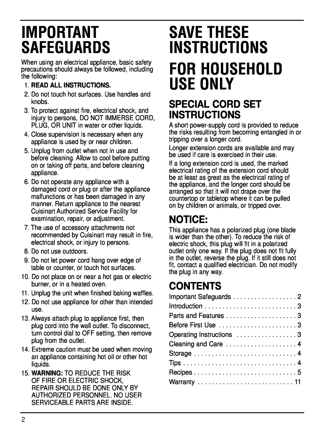 Cuisinart WAF-2B manual Special Cord Set Instructions, Contents, Safeguards, Save These Instructions For Household Use Only 