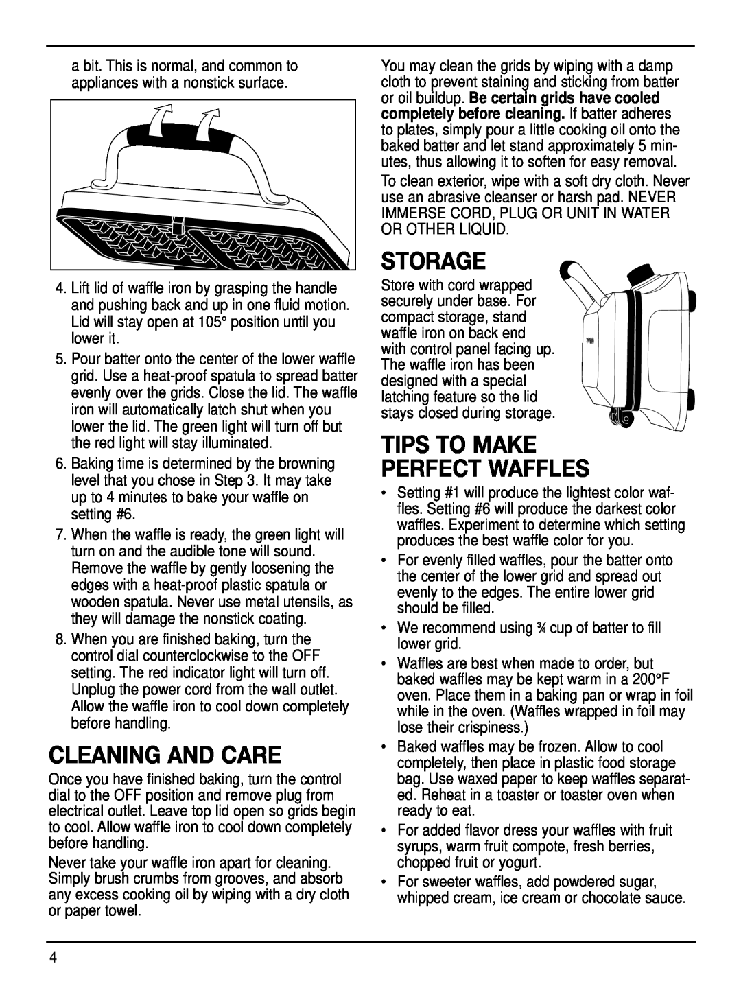 Cuisinart WAF-2B manual Cleaning And Care, Storage, Tips To Make Perfect Waffles 