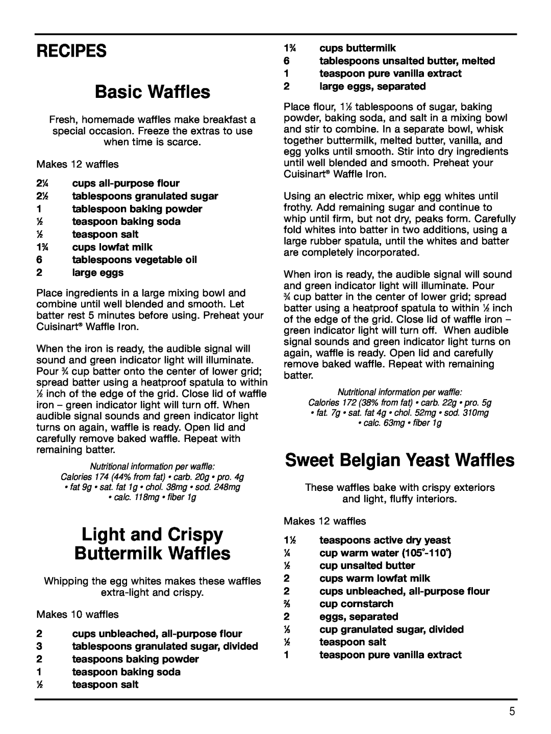Cuisinart WAF-2B manual RECIPES Basic Waffles, Light and Crispy Buttermilk Waffles, Sweet Belgian Yeast Waffles 