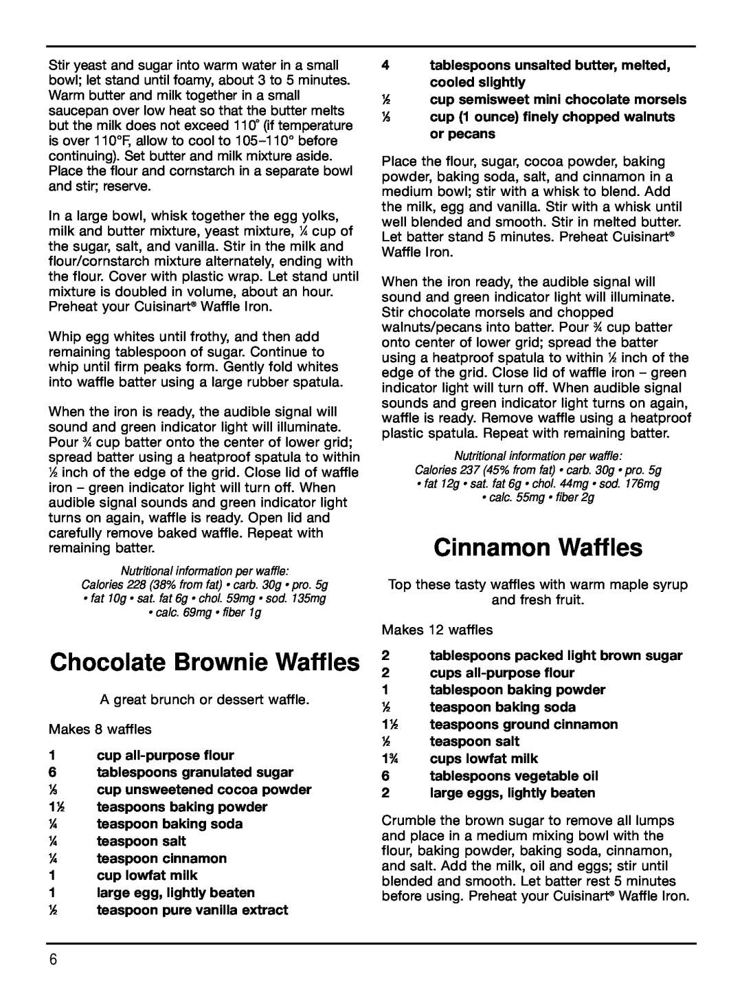 Cuisinart WAF-2B manual Chocolate Brownie Waffles, Cinnamon Waffles 