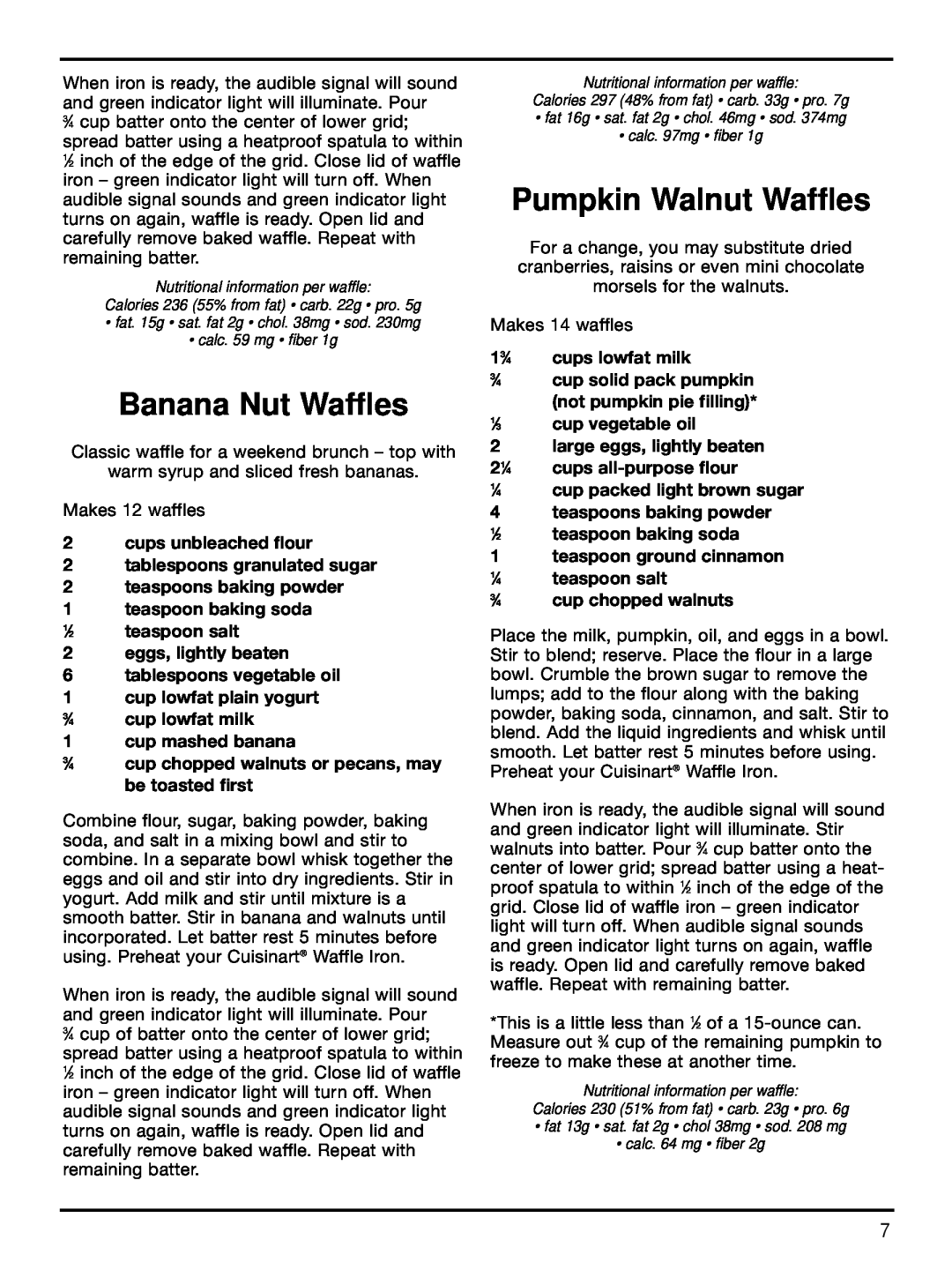 Cuisinart WAF-2B manual Banana Nut Waffles, Pumpkin Walnut Waffles 