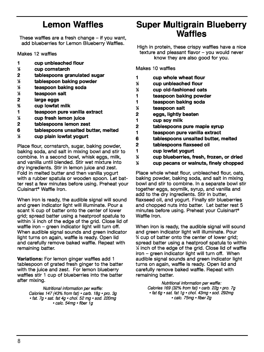 Cuisinart WAF-2B manual Lemon Waffles, Super Multigrain Blueberry Waffles 