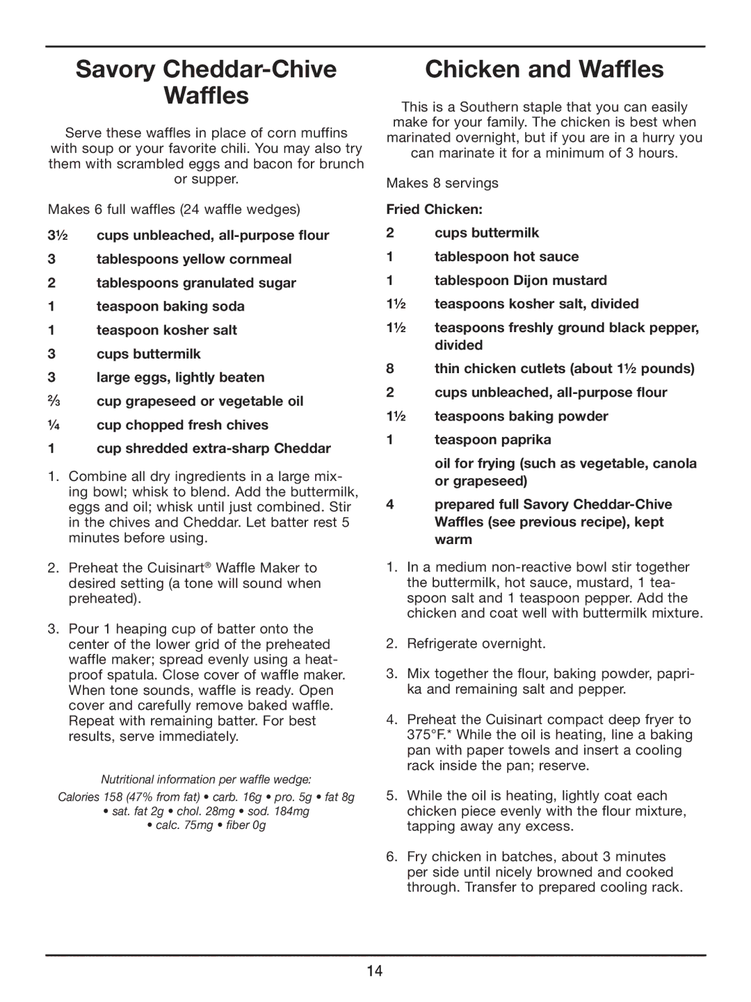 Cuisinart WAF-2OO manual Savory Cheddar-Chive Waffles, Chicken and Waffles 
