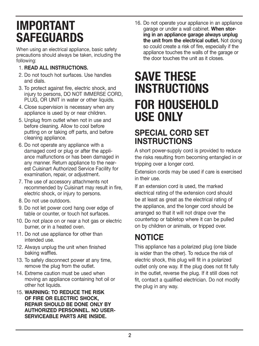 Cuisinart WAF-2OO manual Safeguards, Special Cord SET Instructions 