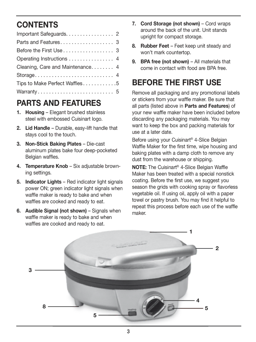 Cuisinart WAF-2OO manual Contents, Parts and Features, Before the First USE 