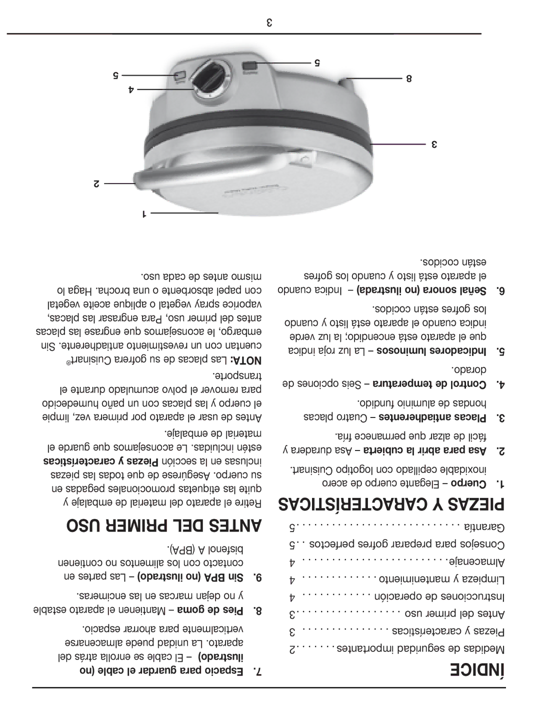 Cuisinart WAF-2OO manual Índice, Características y Piezas sección la en inclusas, Cubierta la abrir para Asa 