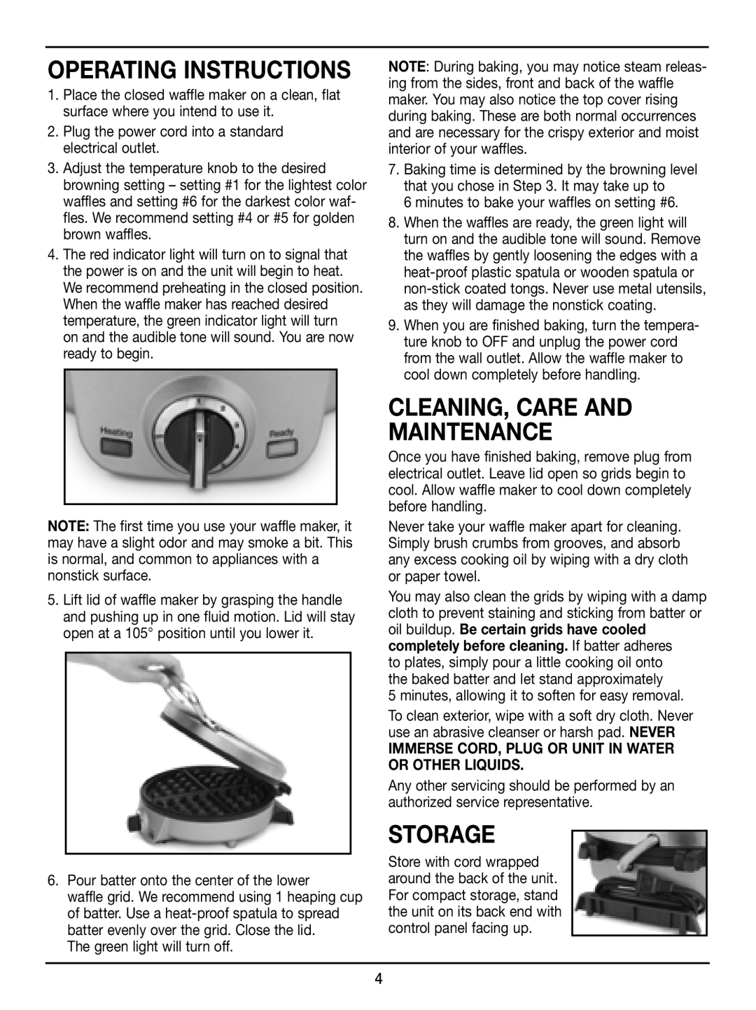 Cuisinart WAF-2OO manual Cleaning, Care and Maintenance, Storage 