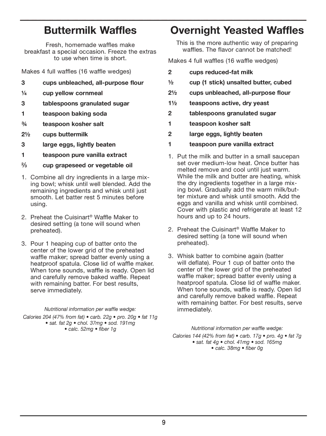 Cuisinart WAF-2OO manual Buttermilk Waffles, Overnight Yeasted Waffles 